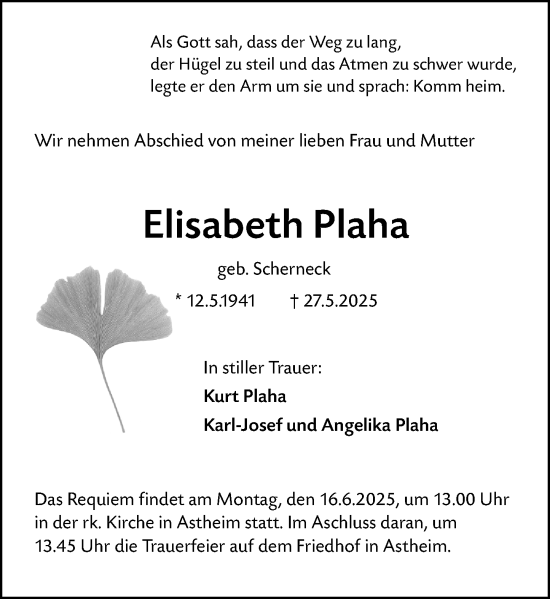 Traueranzeige von Elisabeth Plaha von Rüsselsheimer Echo