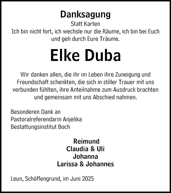 Traueranzeige von Elke Duba von Wetzlarer Neue Zeitung