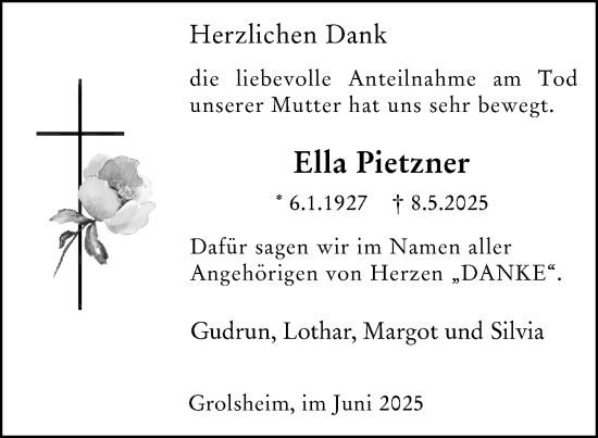 Traueranzeige von Ella Pietzner von Binger-/Ingelheimer Wochenblatt