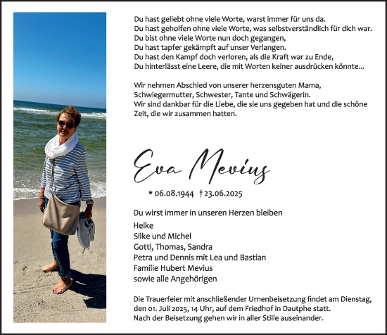 Traueranzeige von Eva Mevius von Hinterländer Anzeiger
