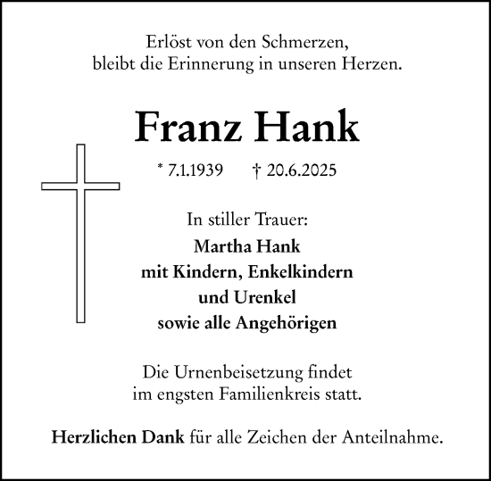 Traueranzeige von Franz Hank von Dill Block