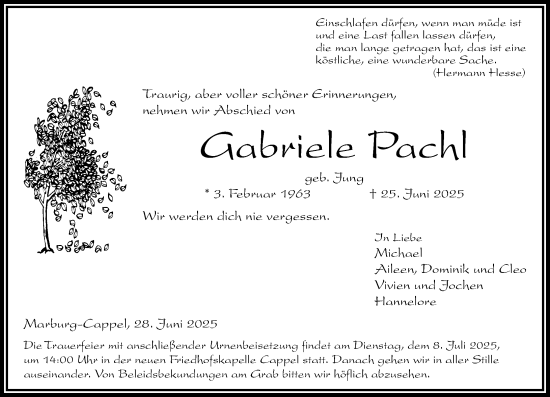 Traueranzeige von Gabriele Pachl von Hinterländer Anzeiger