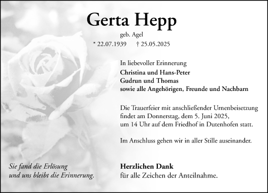 Traueranzeige von Gerta Hepp von Wetzlarer Neue Zeitung