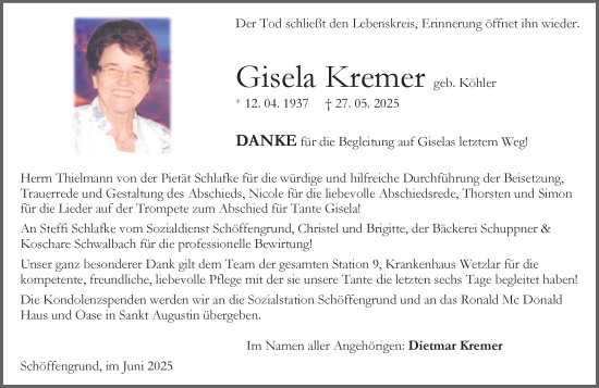 Traueranzeige von Gisela Kremer von Wetzlarer Neue Zeitung
