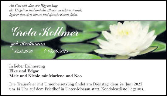 Traueranzeige von Greta Kollmer von Odenwälder Echo