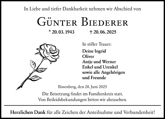 Traueranzeige von Günter Biederer von Wetzlarer Neue Zeitung