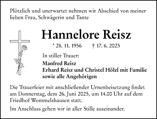 Traueranzeige von Hannelore Reisz von Hinterländer Anzeiger