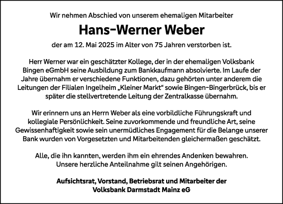 Traueranzeige von Hans-Werner Weber von Allgemeine Zeitung Rheinhessen-Nahe