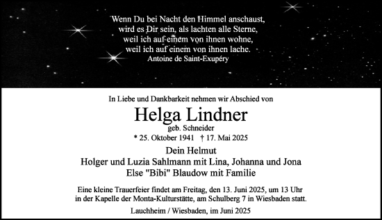 Traueranzeige von Helga Lindner von Wiesbadener Kurier