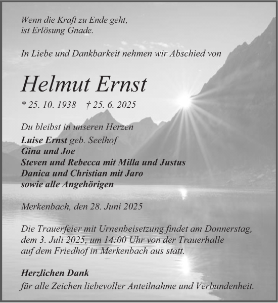 Traueranzeige von Helmut Ernst von Dill Block