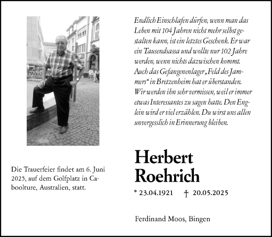 Traueranzeige von Herbert Roehrich von Allgemeine Zeitung Rheinhessen-Nahe