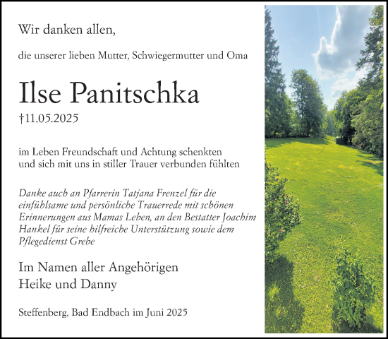 Traueranzeige von Ilse Panitschka von Hinterländer Anzeiger