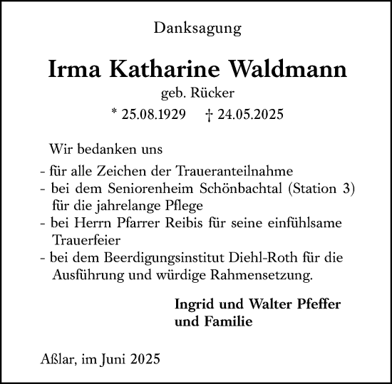 Traueranzeige von Irma Katharine Waldmann von Wetzlarer Neue Zeitung
