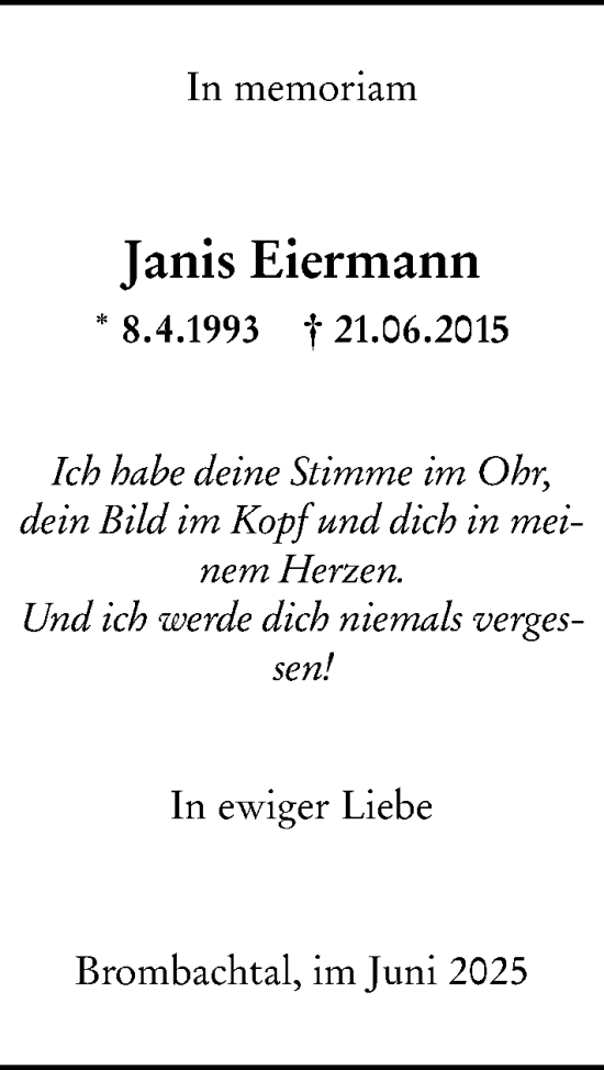 Traueranzeige von Janis Eiermann von Odenwälder Echo