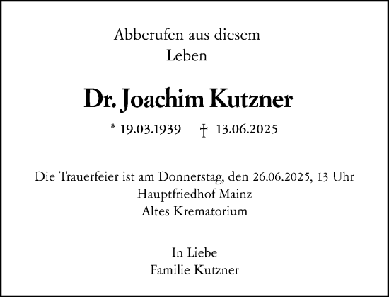 Traueranzeige von Joachim Kutzner von Allgemeine Zeitung Mainz