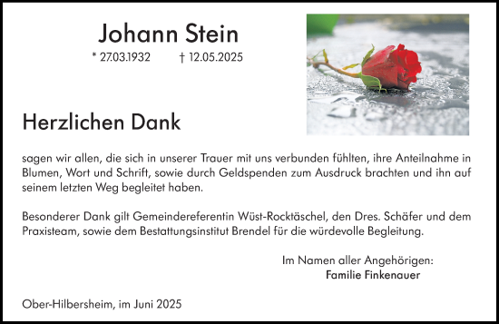 Traueranzeige von Johann Stein von Allgemeine Zeitung Rheinhessen-Nahe
