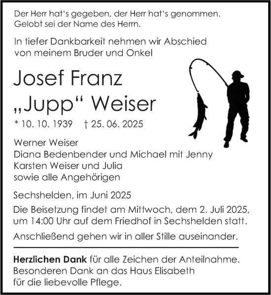 Traueranzeige von Josef Franz Weiser von Dill Block