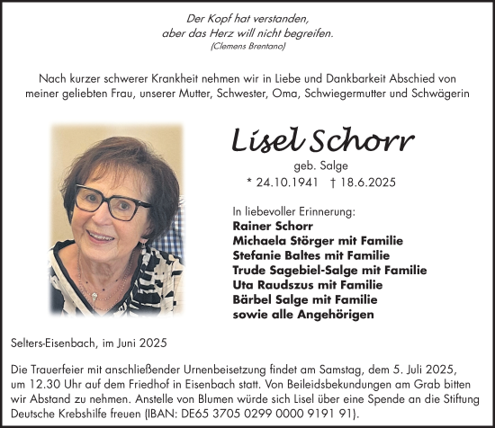 Traueranzeige von Lisel Schorr von Nassauische Neue Presse