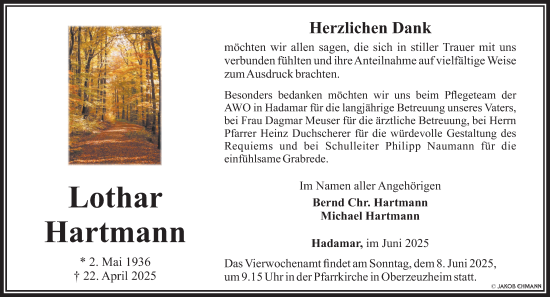 Traueranzeige von Lothar Hartmann von Nassauische Neue Presse