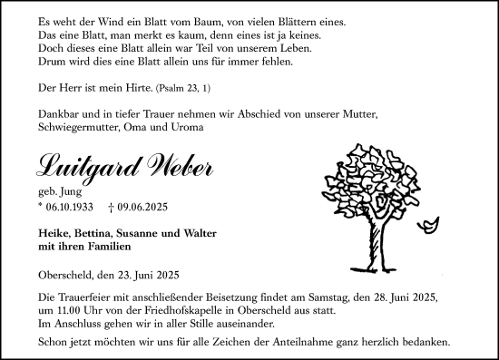 Traueranzeige von Luitgard Weber von Dill Block
