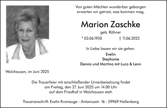 Traueranzeige von Marion Zaschke von Hinterländer Anzeiger