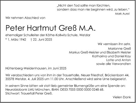 Traueranzeige von Peter Hartmut Greß von Wetzlarer Neue Zeitung