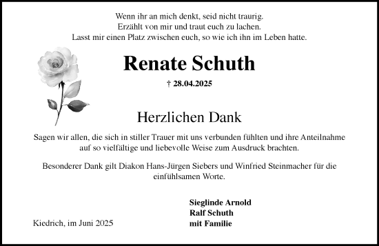 Traueranzeige von Renate Schuth von Rheingau Kurier