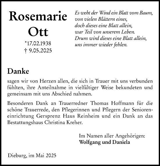 Traueranzeige von Rosemarie Ott von Dieburger Anzeiger/Groß-Zimmerner Lokal-Anzeiger