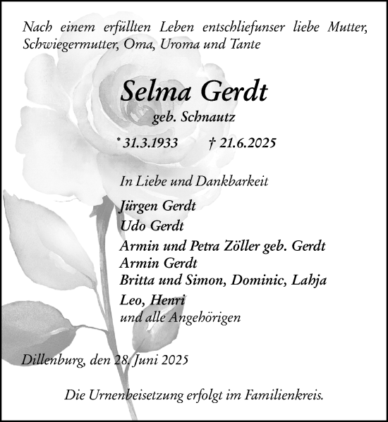 Traueranzeige von Selma Gerdt von Dill Block