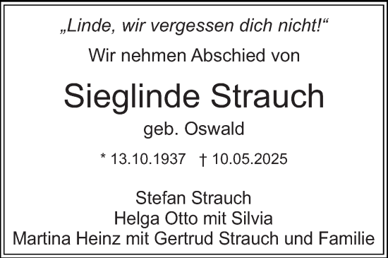 Traueranzeige von Sieglinde Strauch von Starkenburger Echo