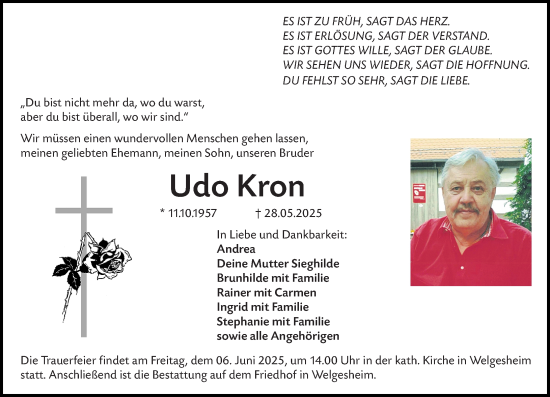Traueranzeige von Udo Kron von Allgemeine Zeitung Rheinhessen-Nahe
