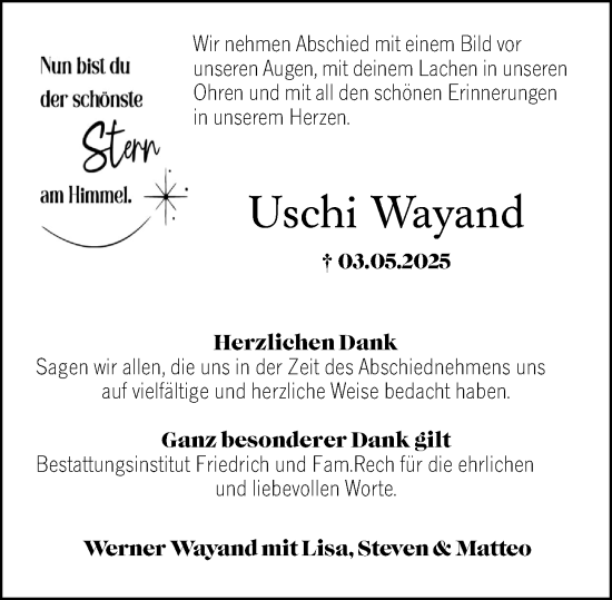 Traueranzeige von Uschi Wayand von Binger-/Ingelheimer Wochenblatt