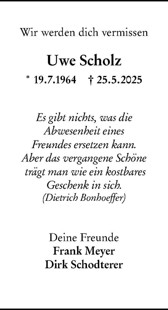 Traueranzeige von Uwe Scholz von Odenwälder Echo