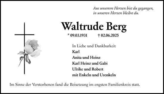 Traueranzeige von Waltrude Berg von Starkenburger Echo
