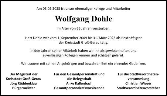 Traueranzeige von Wolfgang Dohle von Groß-Gerauer Echo