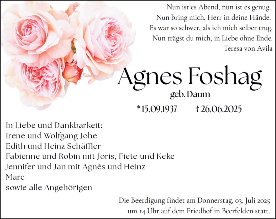 Traueranzeige von Agnes Foshag von Odenwälder Echo