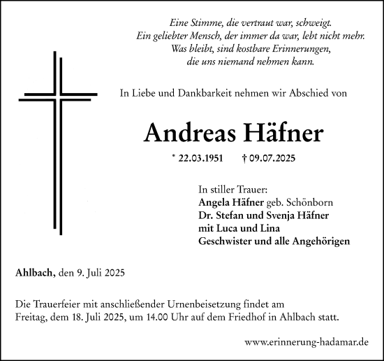 Traueranzeige von Andreas Häfner von Nassauische Neue Presse