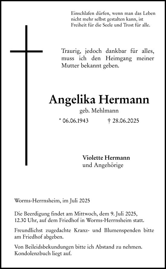 Traueranzeige von Angelika Hermann von Wormser Zeitung