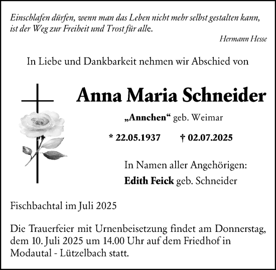 Traueranzeige von Anna Maria Schneider von Darmstädter Echo