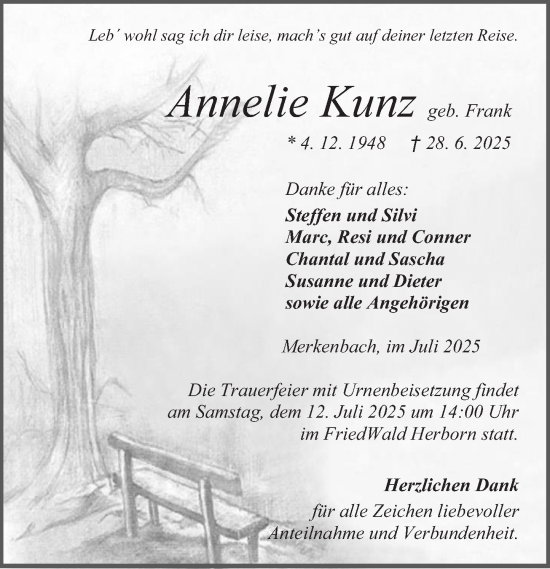 Traueranzeige von Annelie Kunz von Dill Block