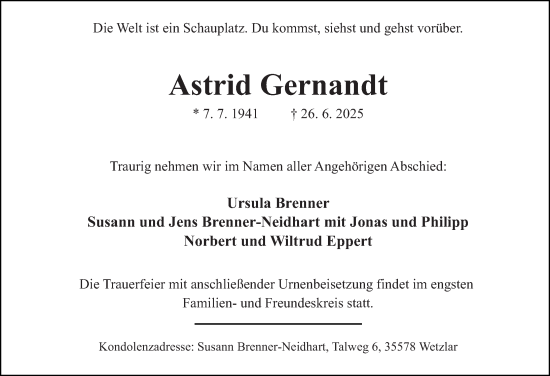 Traueranzeige von Astrid Gernandt von Wetzlarer Neue Zeitung