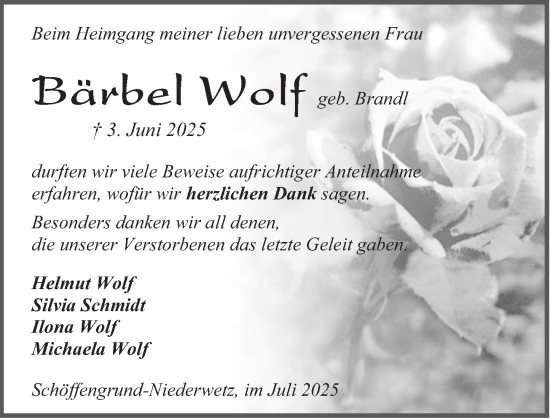 Traueranzeige von Bärbel Wolf von Wetzlarer Neue Zeitung