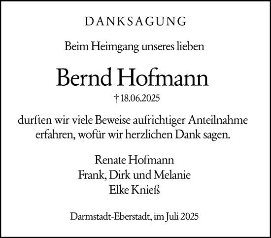 Traueranzeige von Bernd Hofmann von Darmstädter Echo