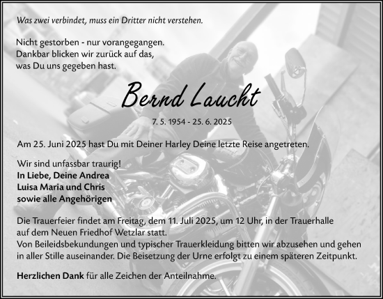 Traueranzeige von Bernd Laweht von Wetzlarer Neue Zeitung