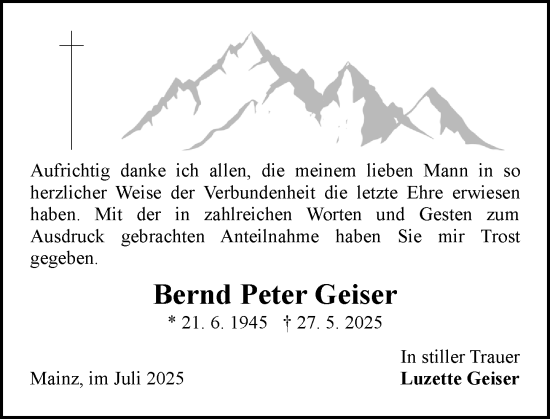 Traueranzeige von Bernd Peter Geiser von Allgemeine Zeitung Mainz