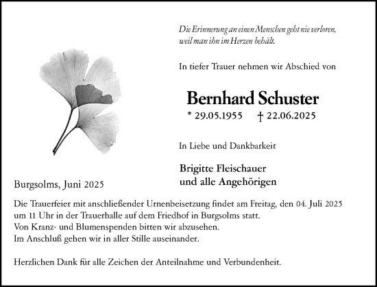 Traueranzeige von Bernhard Schuster von Wetzlarer Neue Zeitung
