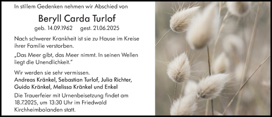Traueranzeige von Beryll Carda Turlof von Allgemeine Zeitung Alzey