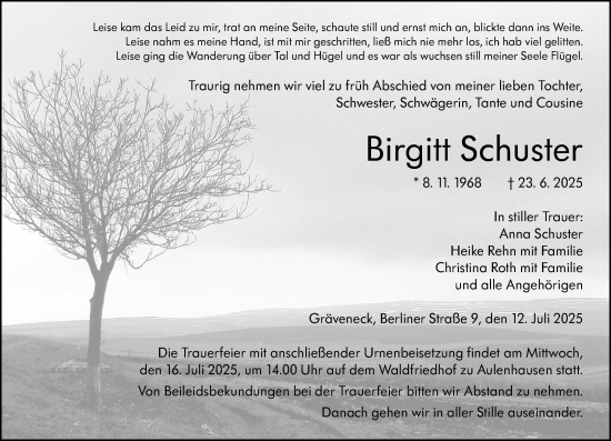 Traueranzeige von Birgitt Schuster von Weilburger Tageblatt
