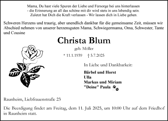 Traueranzeige von Christa Blum von Rüsselsheimer Echo