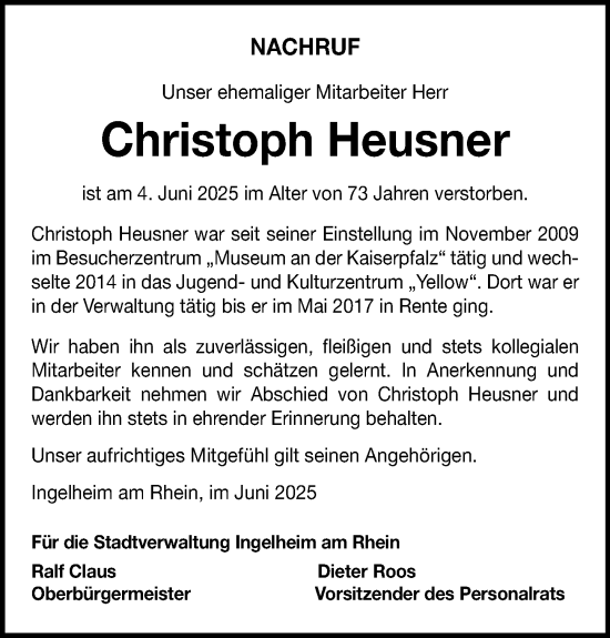 Traueranzeige von Christoph Heusner von Allgemeine Zeitung Rheinhessen-Nahe